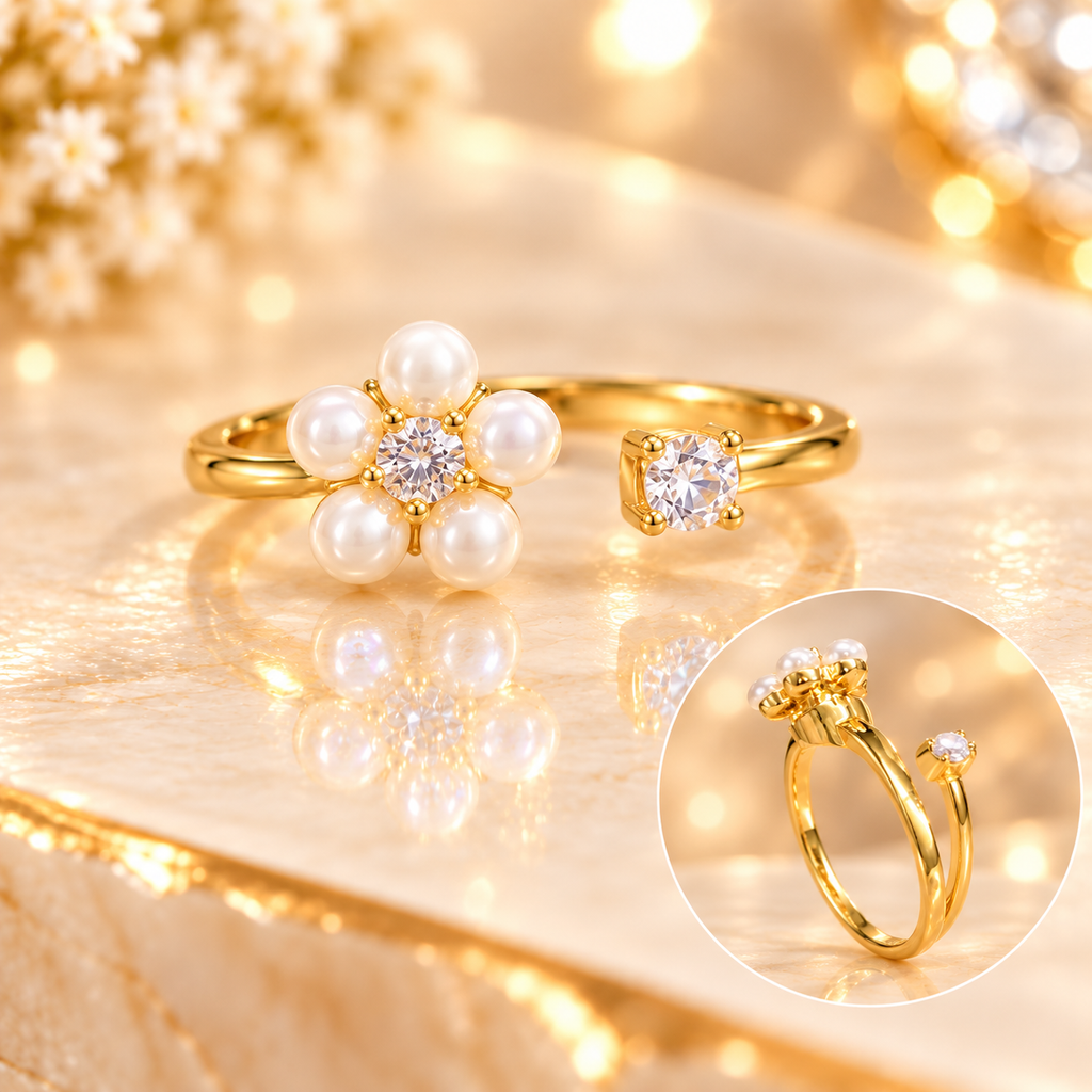 Anillo Flor de Perlas – Brillo Dorado