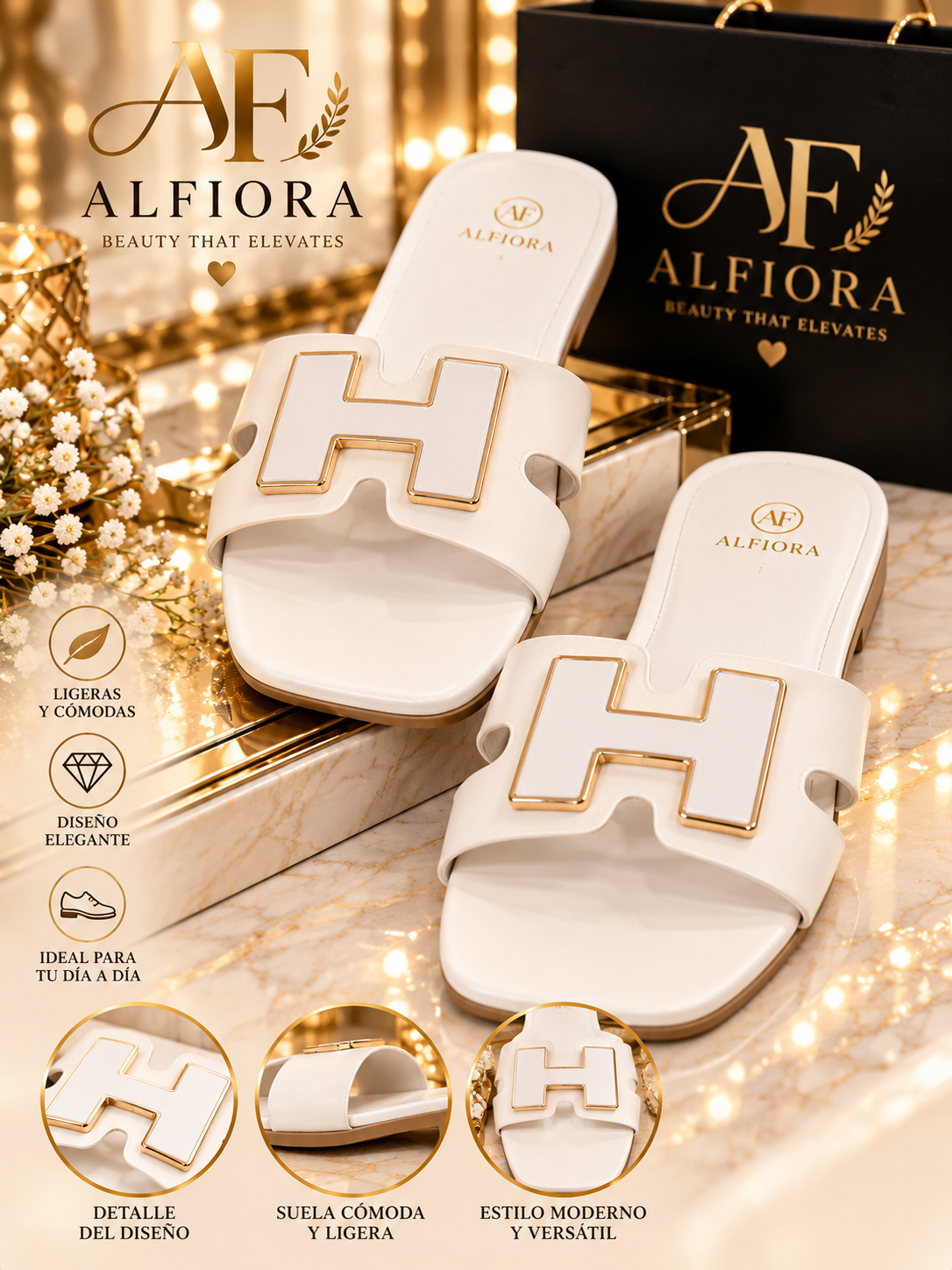 Sandalias H Elegance – Blanco & Camel