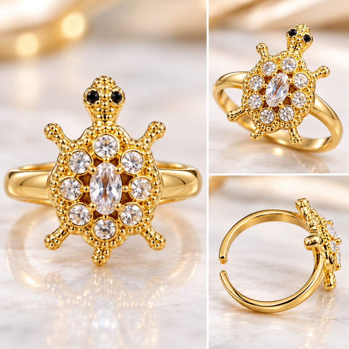 Anillo Tortuga Brillante – Cristales Dorados